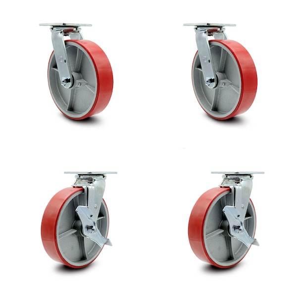 8 Inch Red Poly on Cast Iron Swivel Caster Set with Ball Bearings 2 Brakes SCC